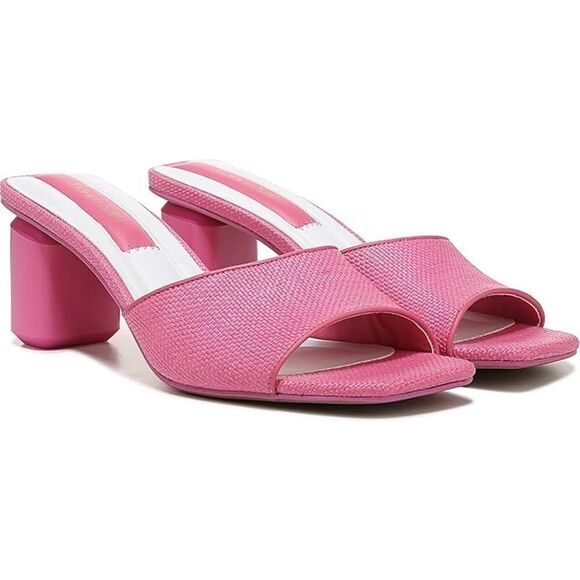 Franco Sarto Linley Slide Sandals 7 Pink Raffia Slip On Block Heel Leather - Picture 1 of 5